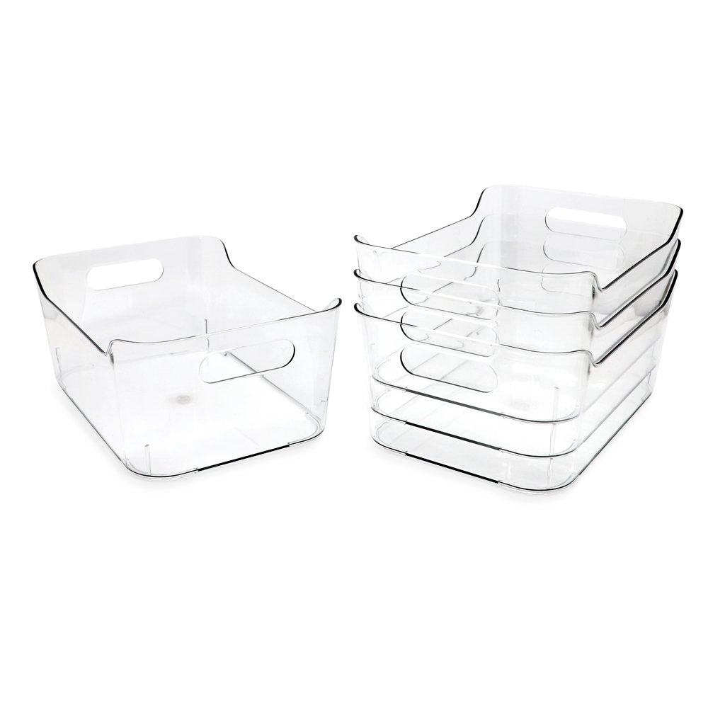 Isaac Jacobs 2-Pack Square Clear Storage Bins (10” L x 10” W x 6.1” H) W/Cutout Handles, Plastic Organizer for Home, Office, Kitchen, Fridge/Freezer