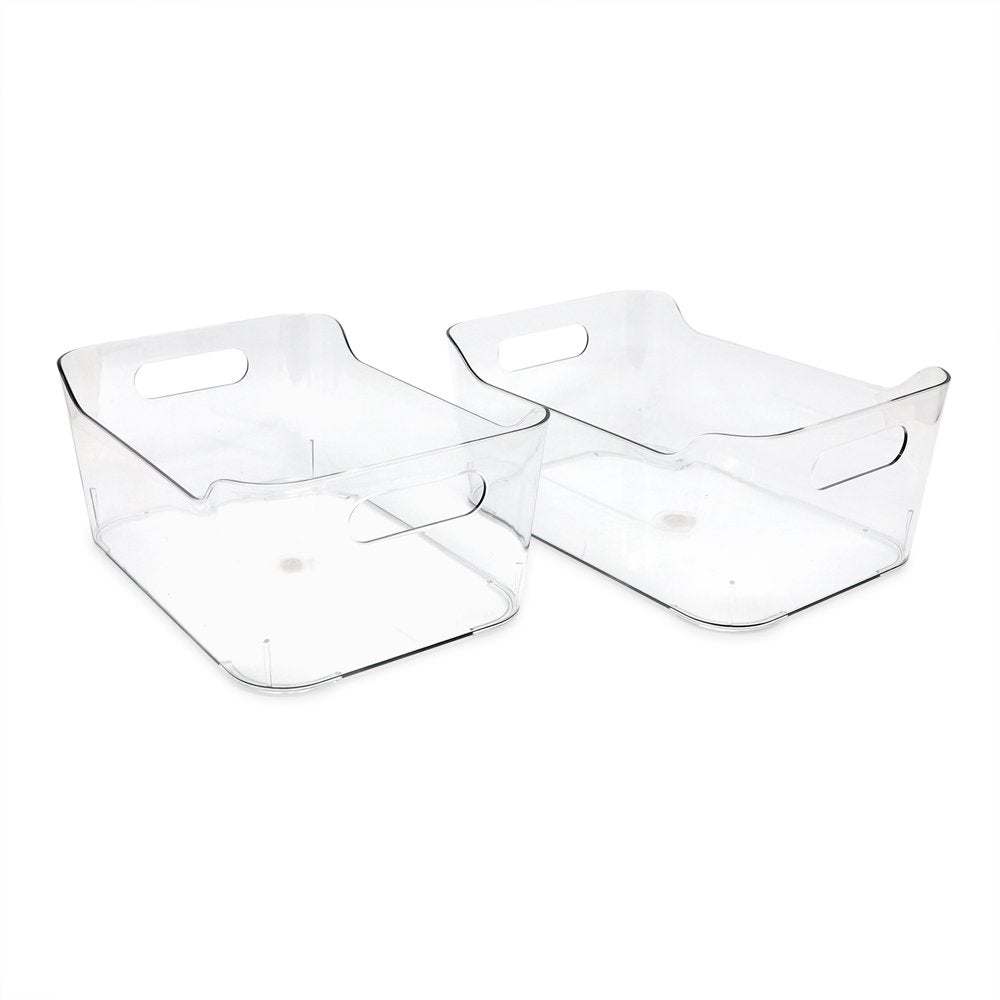 Isaac Jacobs 2-Pack Extra-Large Clear Storage Bins 11.5 L x 14 W x 9 H W/Cutout Handles, Plastic Organizer for Home, for Kitchen, Fridge, Pantry, BPA