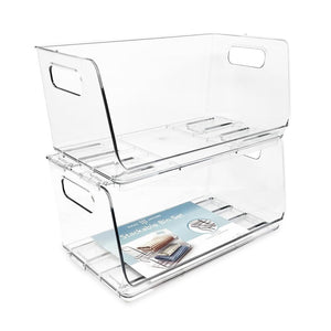 Isaac Jacobs 2-Piece Stackable Clear Storage Bins w/Open Front, Versatile Use, Set of 2, Desk, Office, Bathroom, Bedroom, Closet