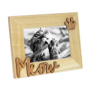 Isaac Jacobs Wood Sentiments Cat “Meow” Picture Frame, Photo Gift for Pet Cat, Kitten, Display on Tabletop, Desk